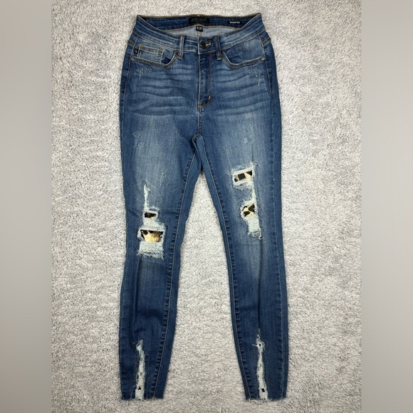 Judy Blue Jeans Womens 27 Skinny Leopard Print Cut Outs Distressed Holes Raw Hem - Picture 1 of 5